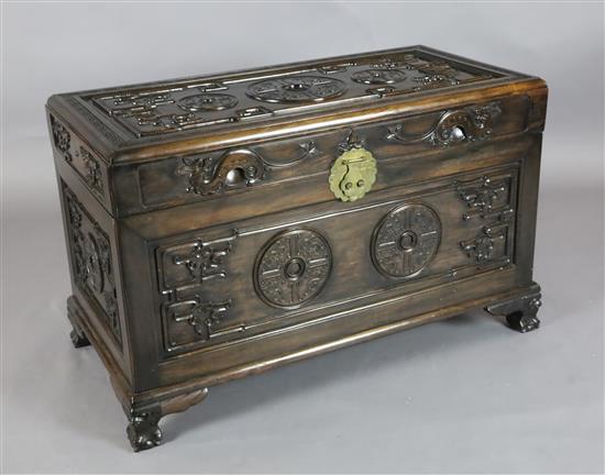 A Chinese hongmu archaistic chilong and medallion chest, c.1900, H. 63.5cm x W. 106cm x D. 54cm